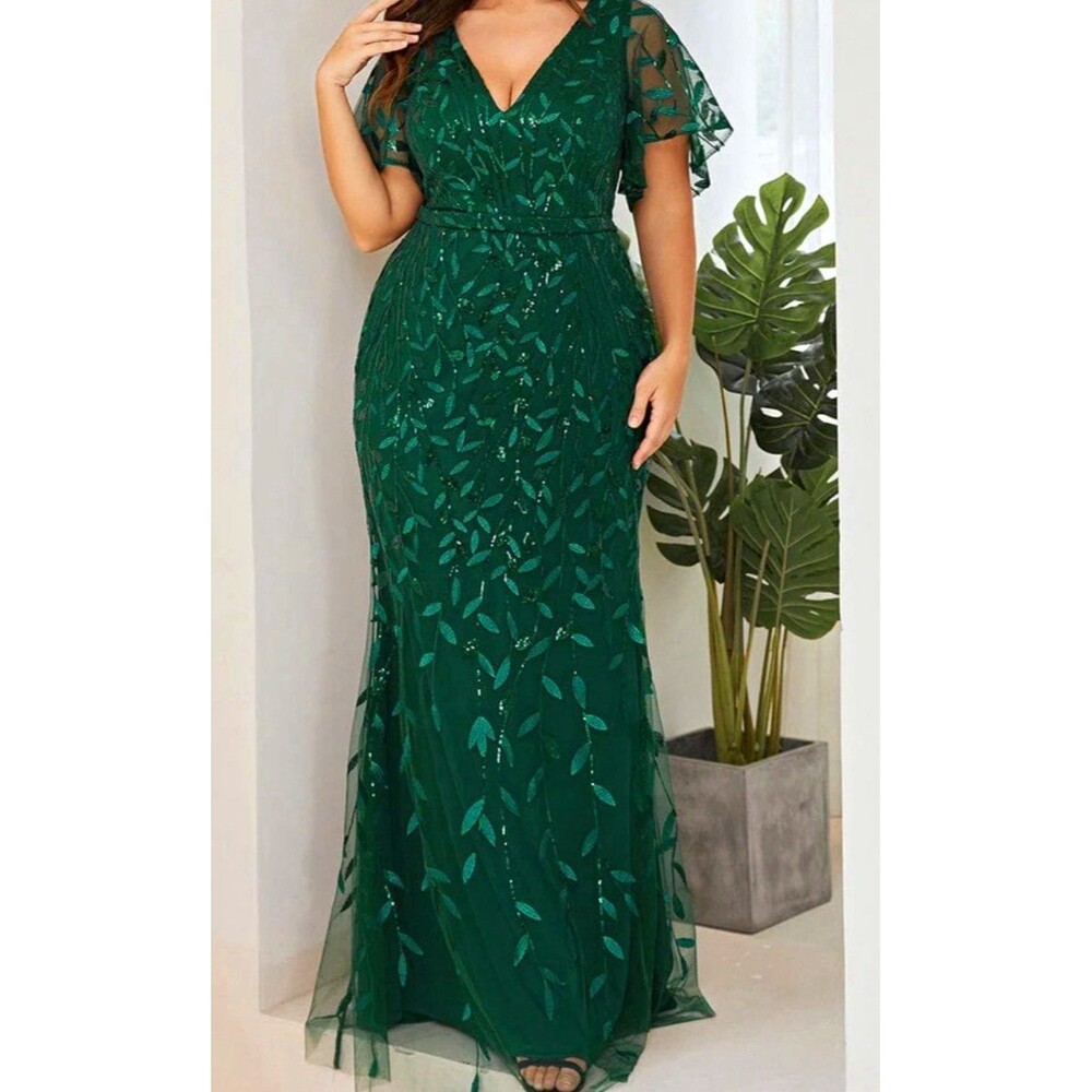 Ever-Pretty Dress Women’s Size 18 Dark Green Sequin Leaf Tulle Formal Maxi Gown